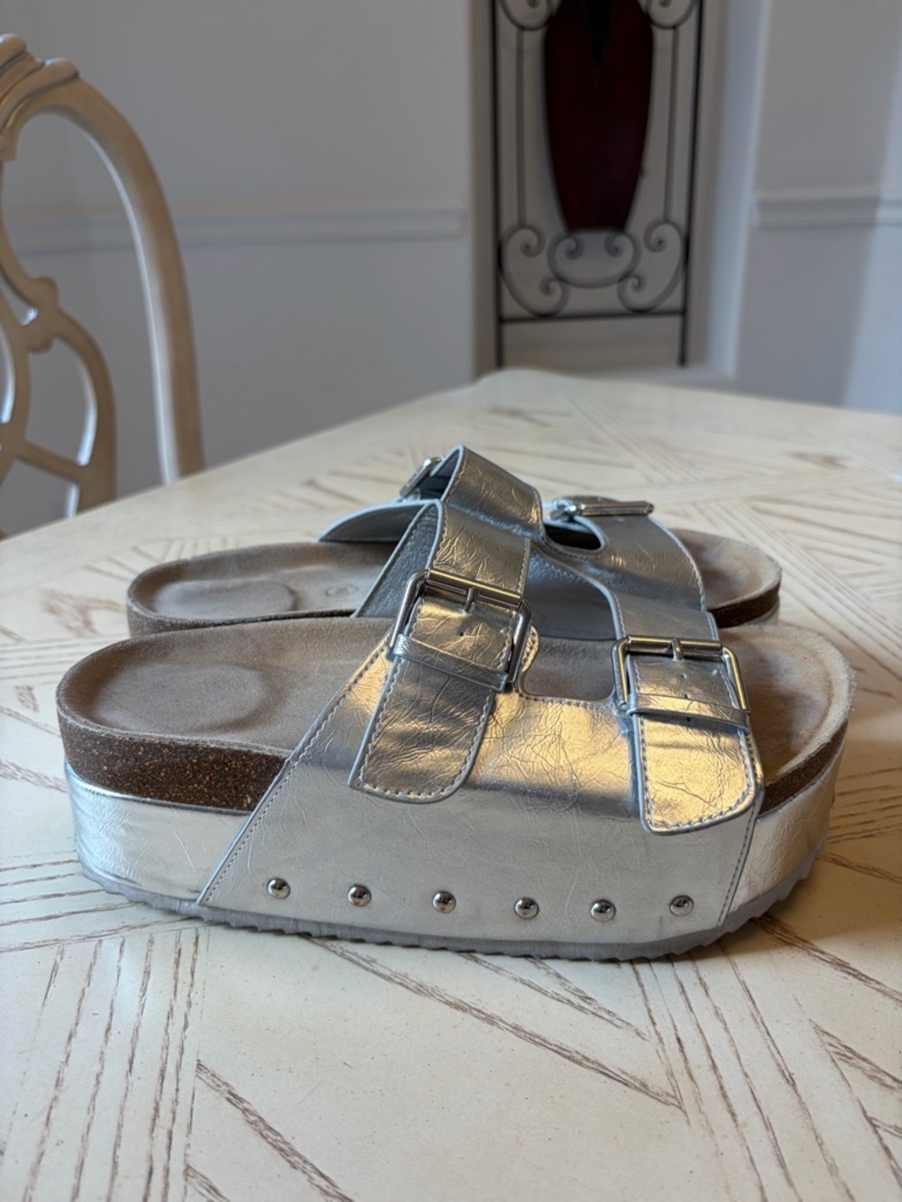 Metallic Silver Platform Buckle Sandals / Cushionaire Guru Platform Sandals